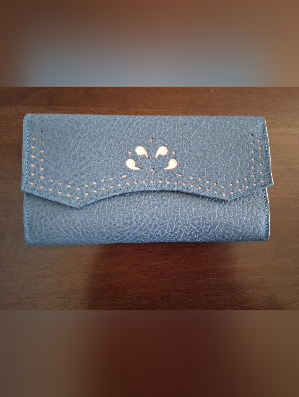 Princess Gardner Blue Pebbled Cowhide Split Leather Wallet W/ Decorative Cutouts